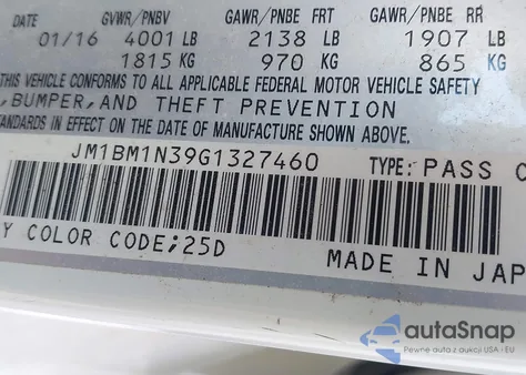 2016 Mazda Mazda3 S Grand Touring из США, поврежденный, VIN JM1BM1N39G1327460